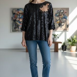 French Connection Black "speckled" sequined Top with Peach Sequin Applique Sz 4